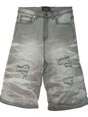 Sz 32 Men's Gray Distressed Denim jorts with Rhinestone Detail